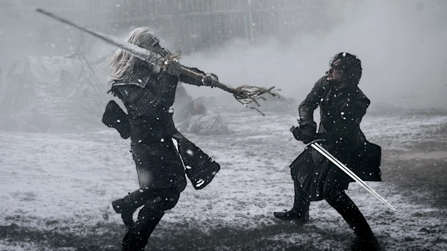 Jon Snow surrounded by falling snow, undead rising, his face showing shock and defeat.